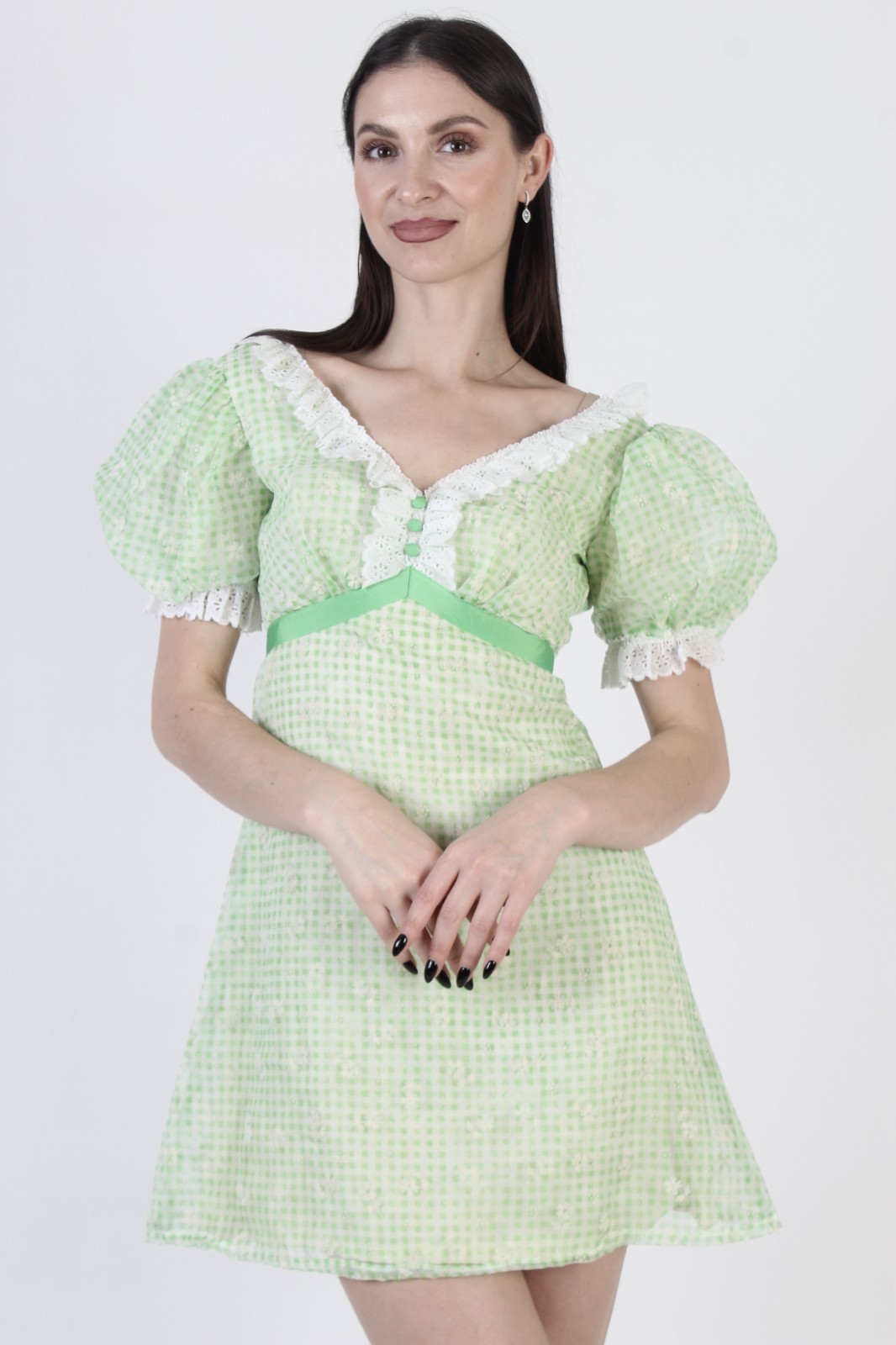 Vtg Green Gingham Dress Wht Lace Puff Slv High Waist Country Prairie Sundress