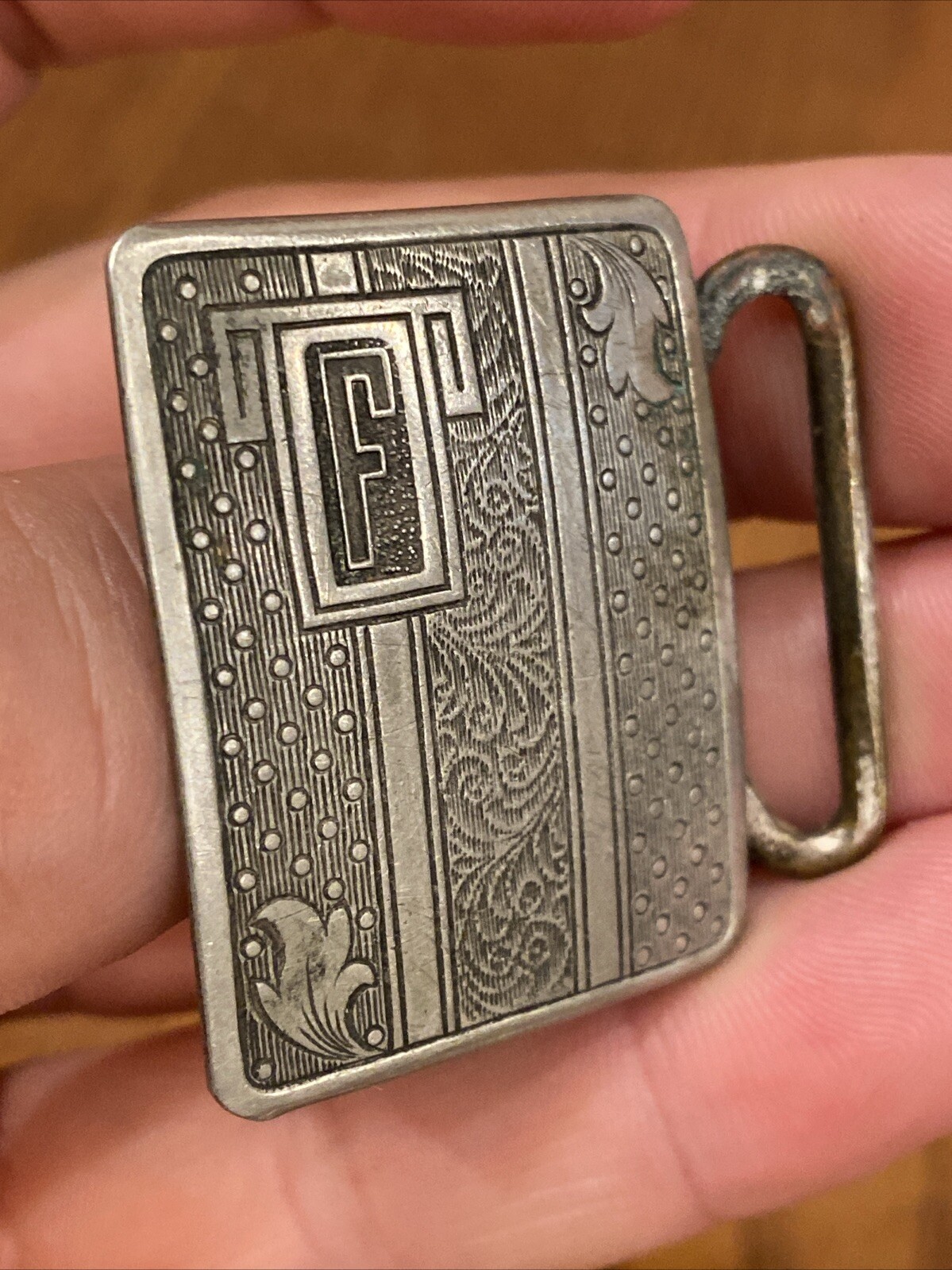 Antique SILVER PLATED PATD BELT BUCKLE LEAF MOTIF Fine Details Art Deco Mono F