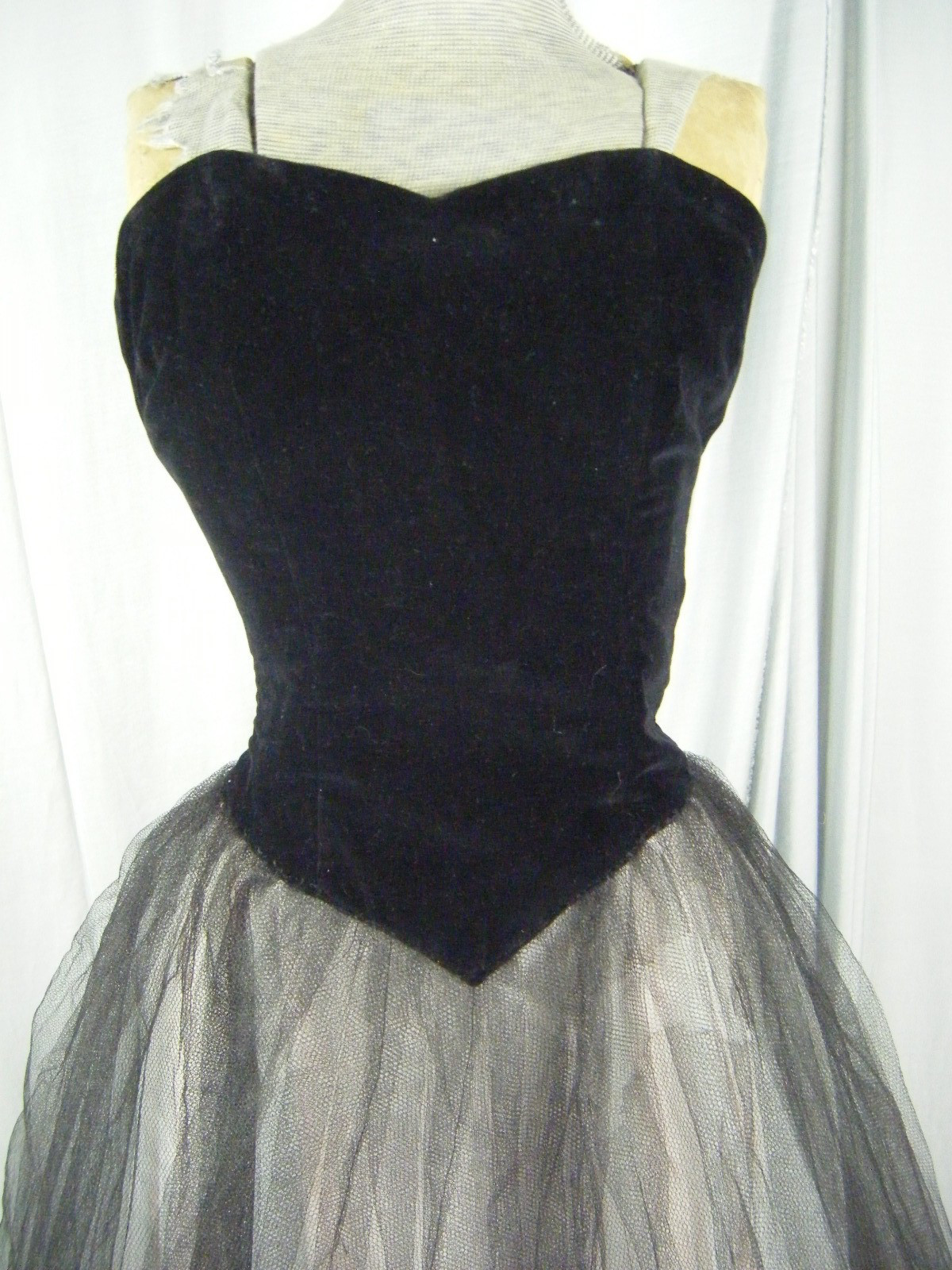 Vtg 50s Black Velvet Strapless Tulle Party Dress-Bust 30/3XS-2XS, AS-IS