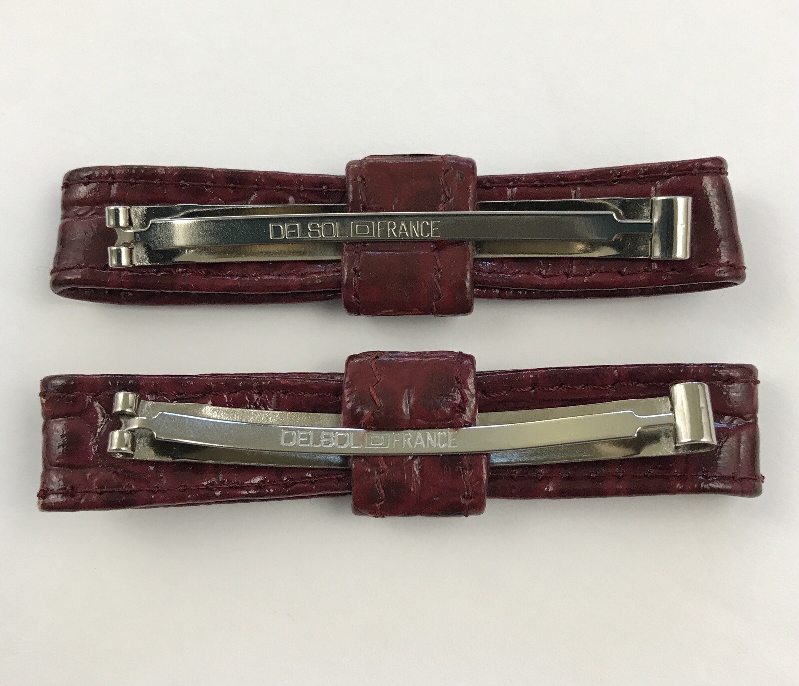 2 Delsol Vintage French Hair Bow Barrette Faux Croc Gator Skin Deep Plum France