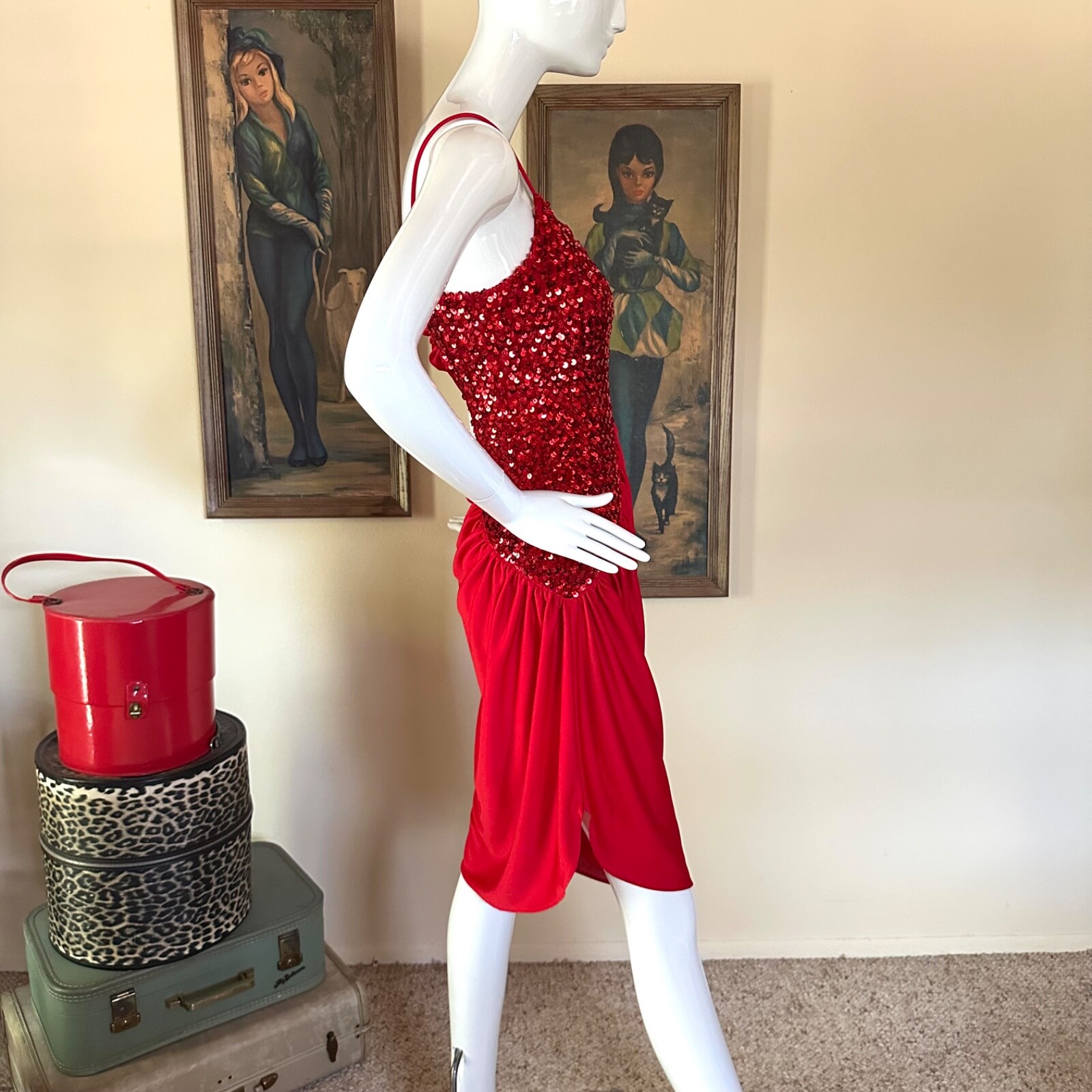 Vintage 70s New Leaf by Samir Slinky Disco Dress Sequined Draped Red Jersey S