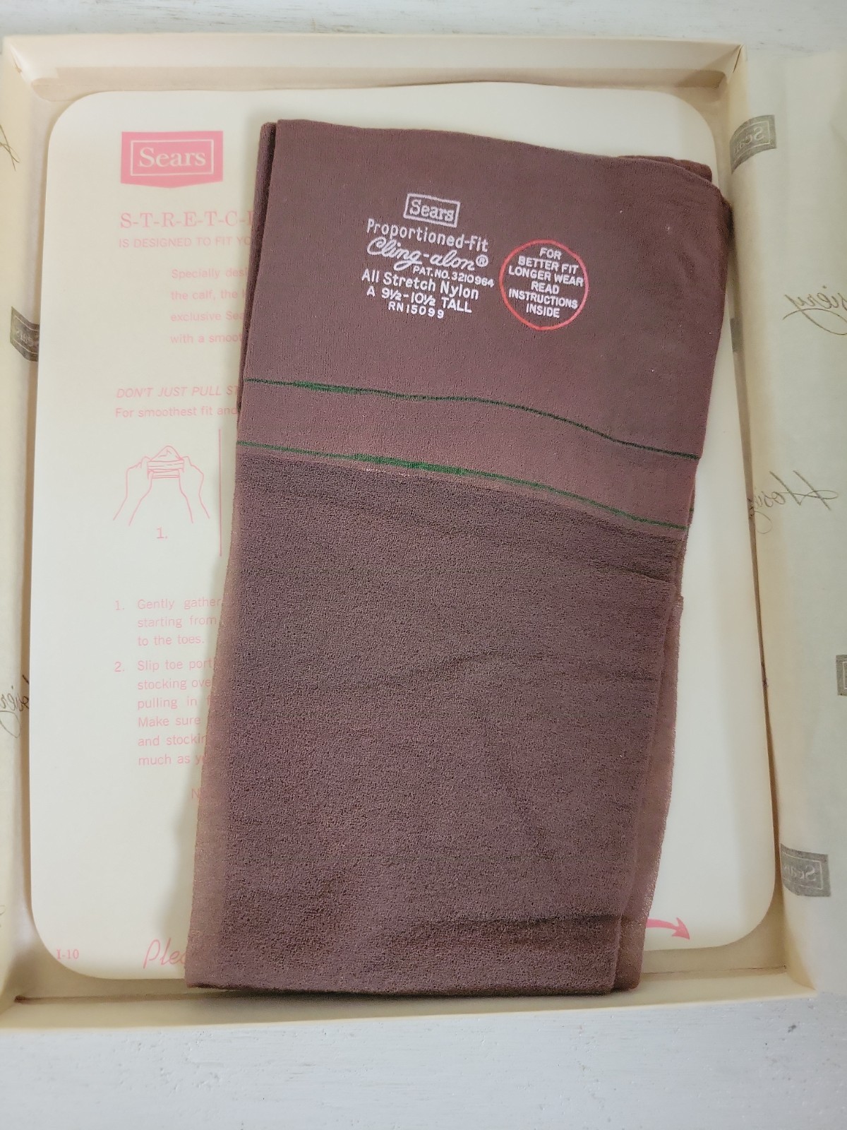 Vintage New Pair Sears Cling Alon Hosiery Tea Leaf Shapely A 9 1/2-10 1/2