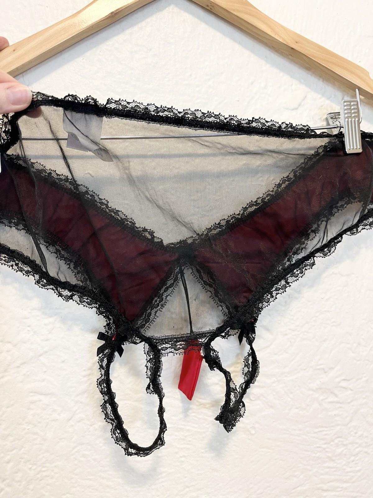 Vintage 90’s Fredericks of Hollywood Panties Crotchless Black Red Satin Sheer OS
