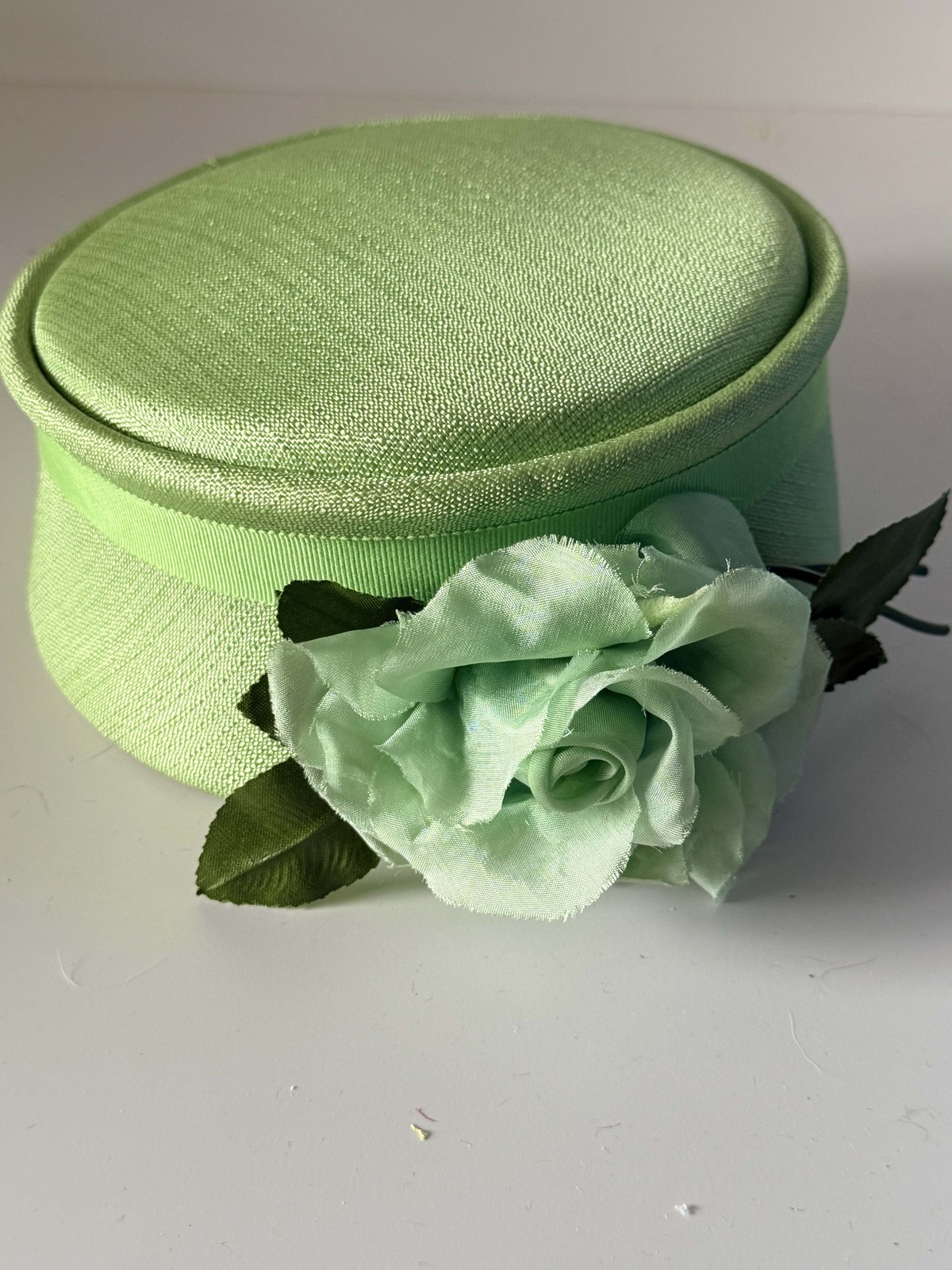 Vintage Mint Green Pillbox Hat 1960s Satin Floral Cocktail Hat Spring Wedding