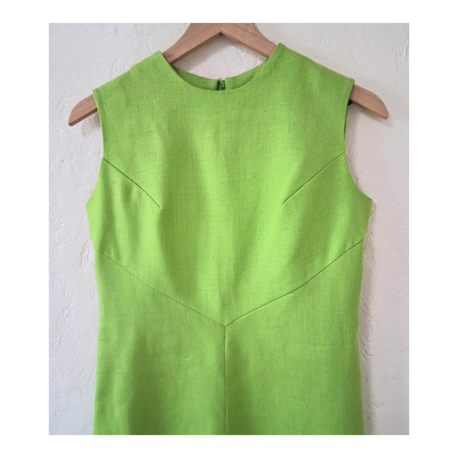 VTG 1960s Mod Shift Dress Lime Green Cotton Sleeveless Chevron Seam Midi M