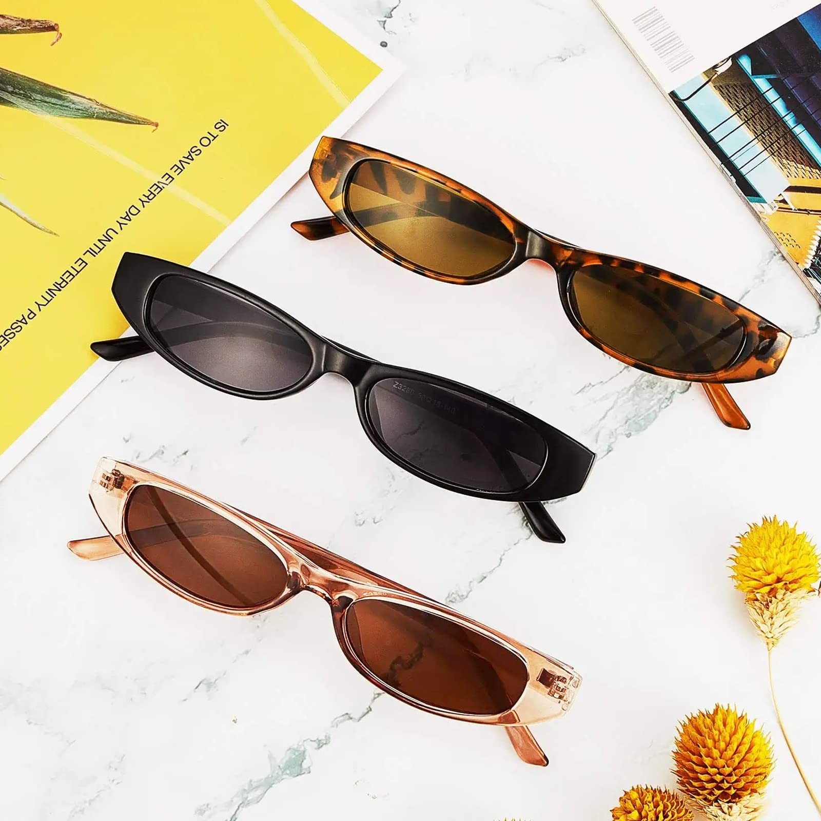 Frienda 3 Pair Retro Oval Sunglasses for Women Men 90s Skinny Glasses Y2k Tre…
