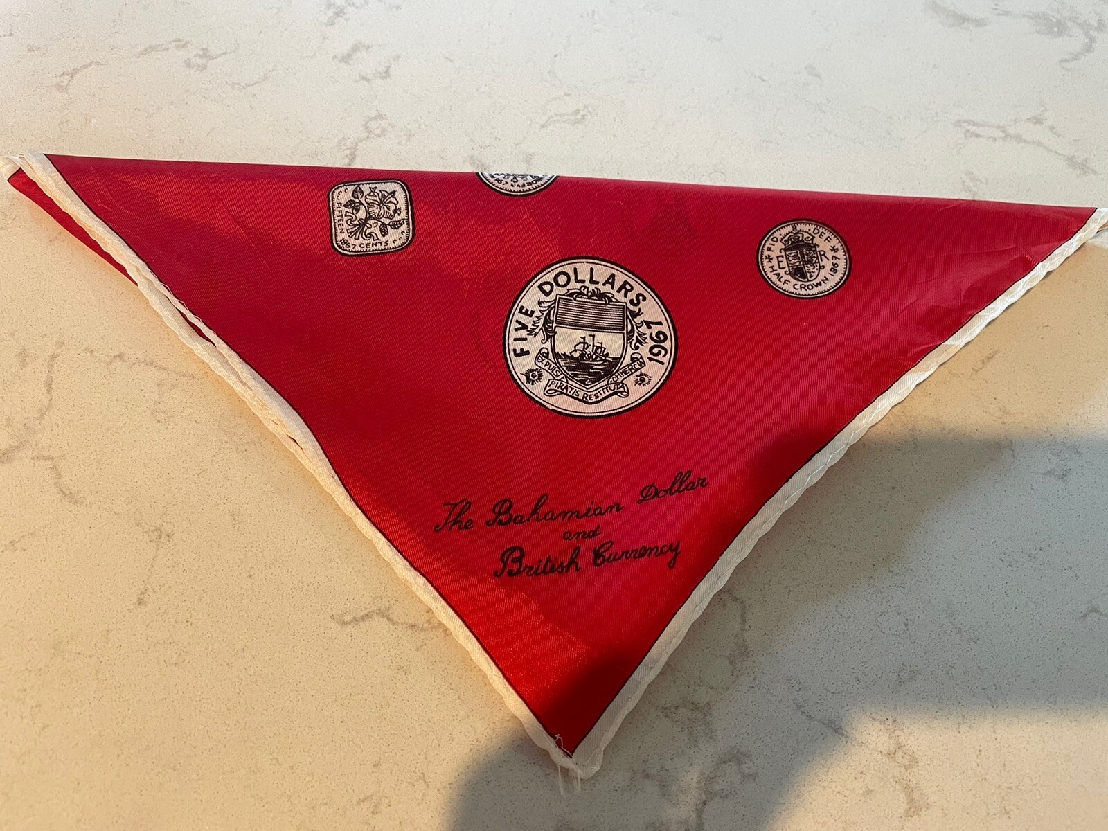 Vtg Scarf Red Thirkell of London 1967 Bahamian Dollar & British Currency Design