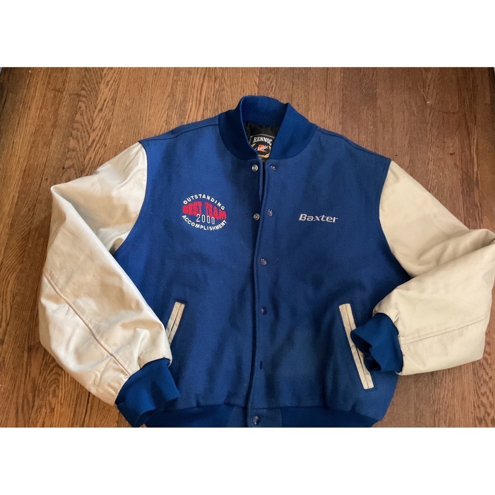 Vintage Rennoc Classic Varsity Jacket Blue Cream Wool Letterman Mens Large 2000