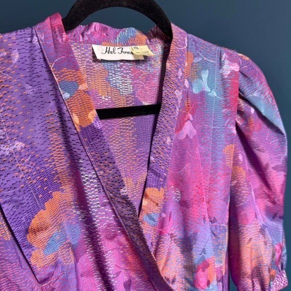 Vintage 1980s Hal Ferman Dress Women’s Size 10 Purple Retro V Neck Colorful