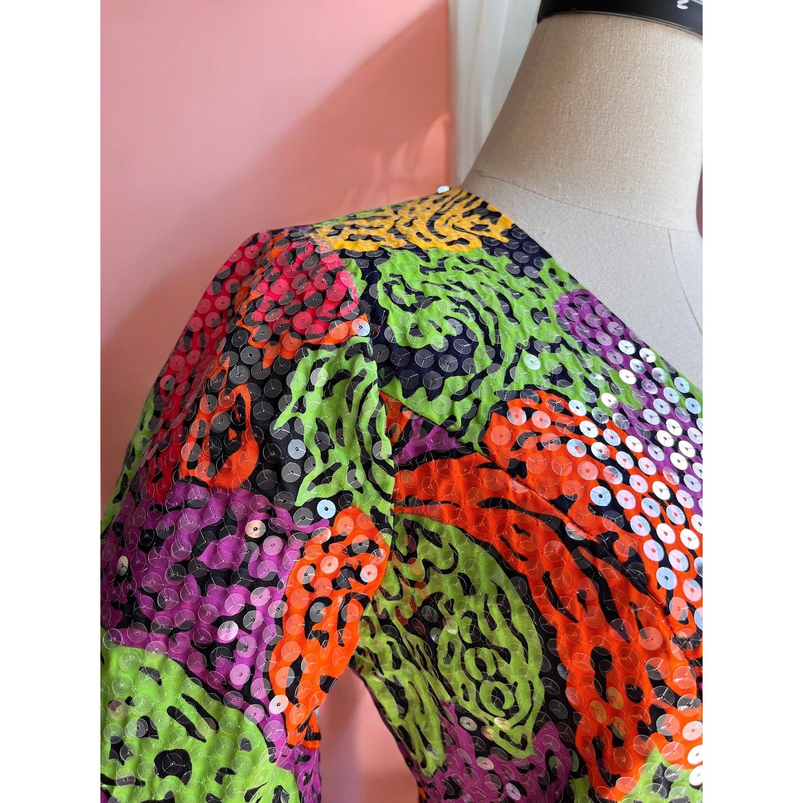 Vintage 80s Sequin Jacket Top | Neon Psychedelic Print Puff Sleeve Tailored |S/M