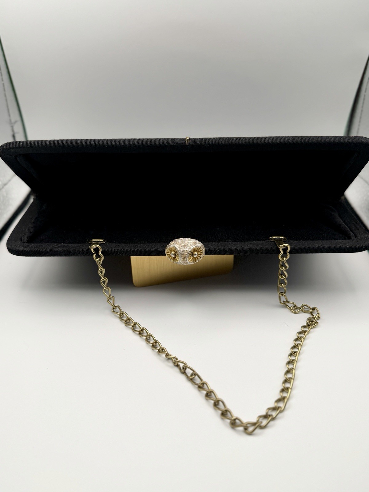 Vintage MCM Black Fabric Clutch Purse Evening Bag Gold Chain Owl Clasp Starburst