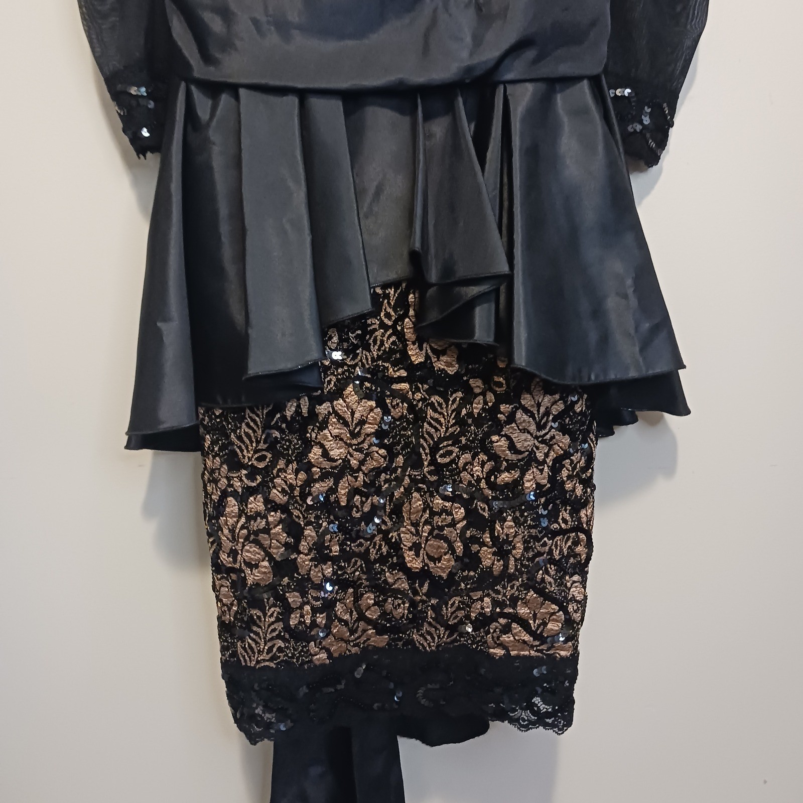 Vintage Janine 80s Goth Party Dress Black Bronze Metallic Lace Fringe Sequin S