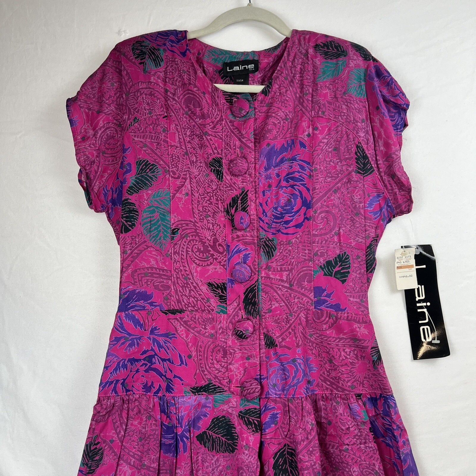 VTG Laine USA Dress Women Size 13/14 Floral Rayon Short Sleeve Max