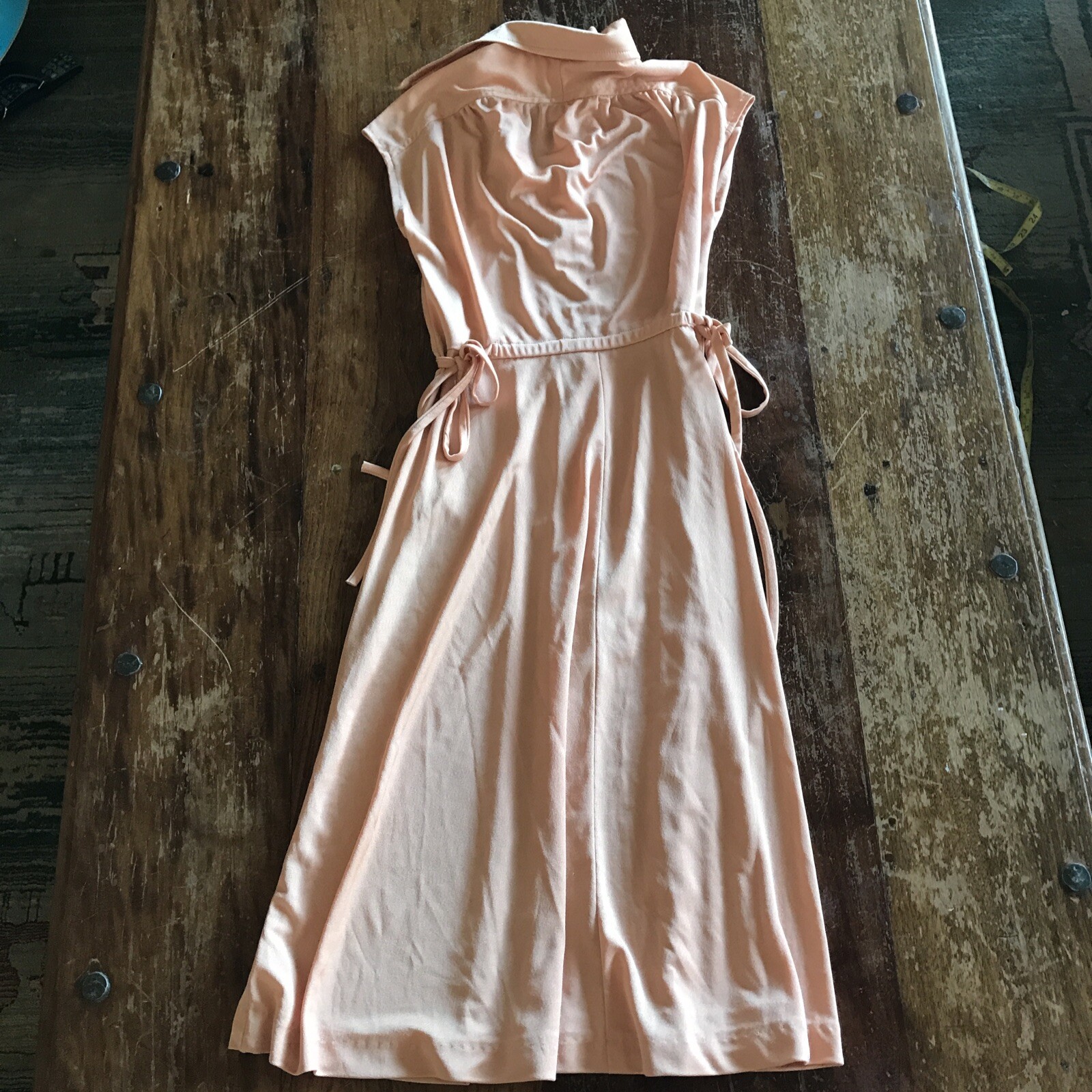 VTG 70s Jody T peach dress side tie cinched waist design classic 70s picnic