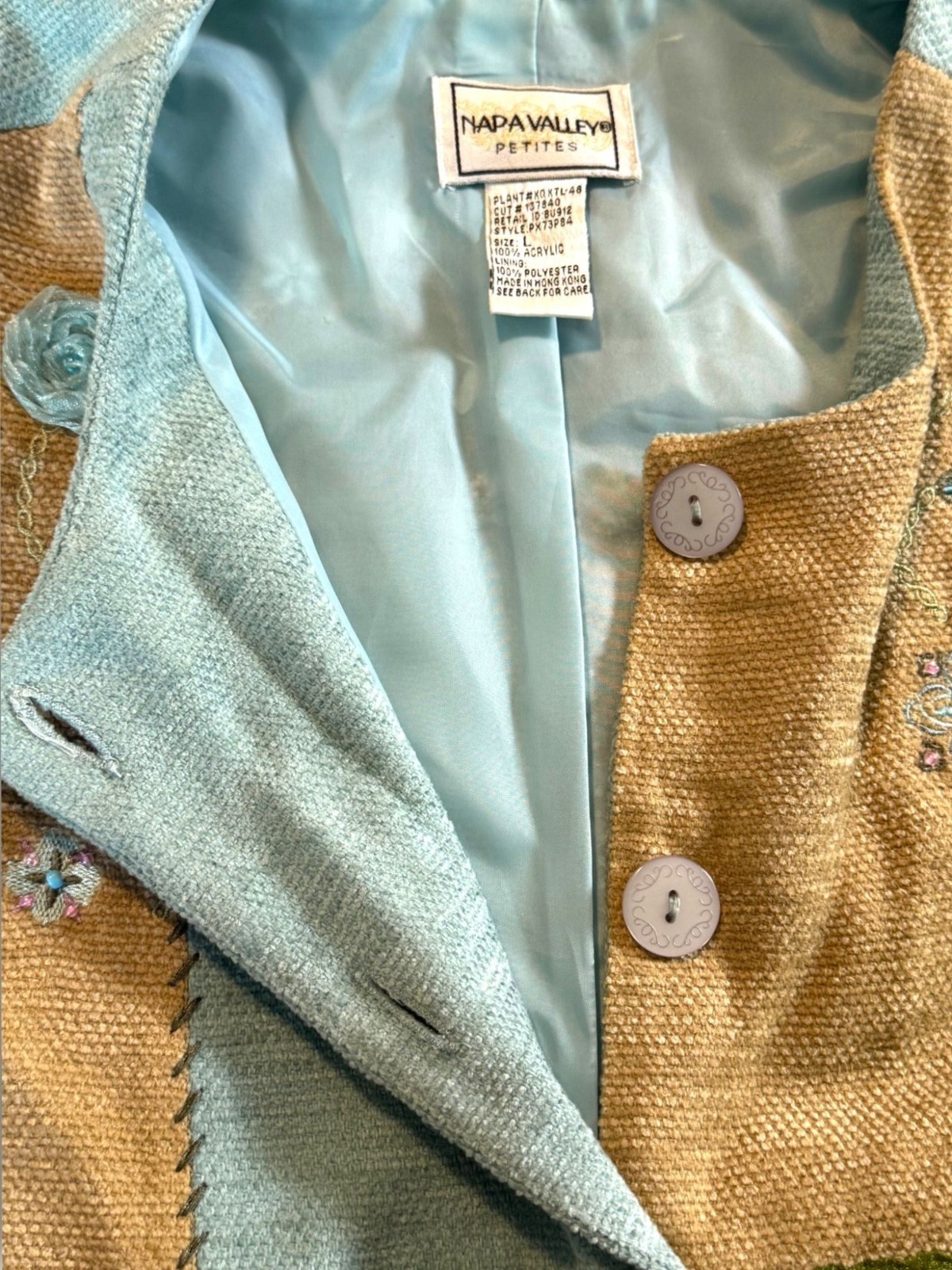Vintage Napa Valley Petites Patchwork Jacket Size Large Blue Tan Floral Embroide