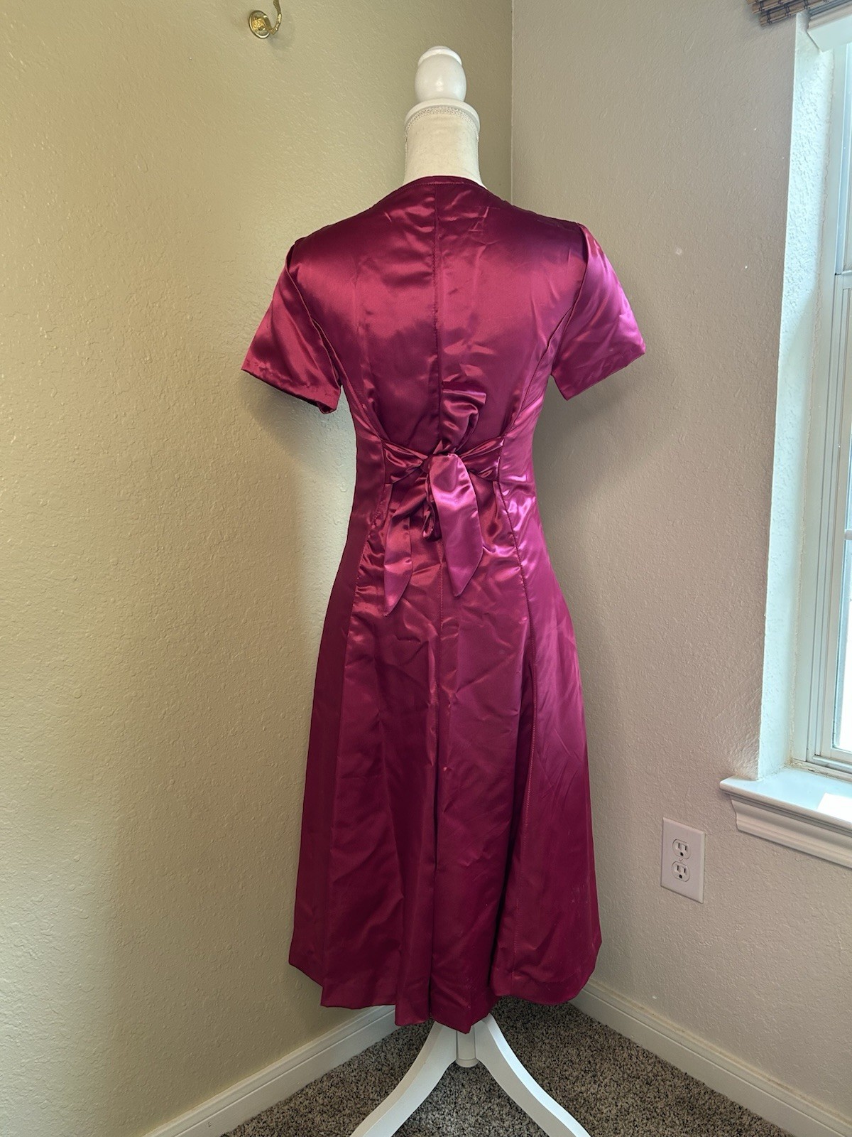 Vintage Handmade Fuschia Satin 1960s Midi Dress With Adjustable Bow Tie Cinch