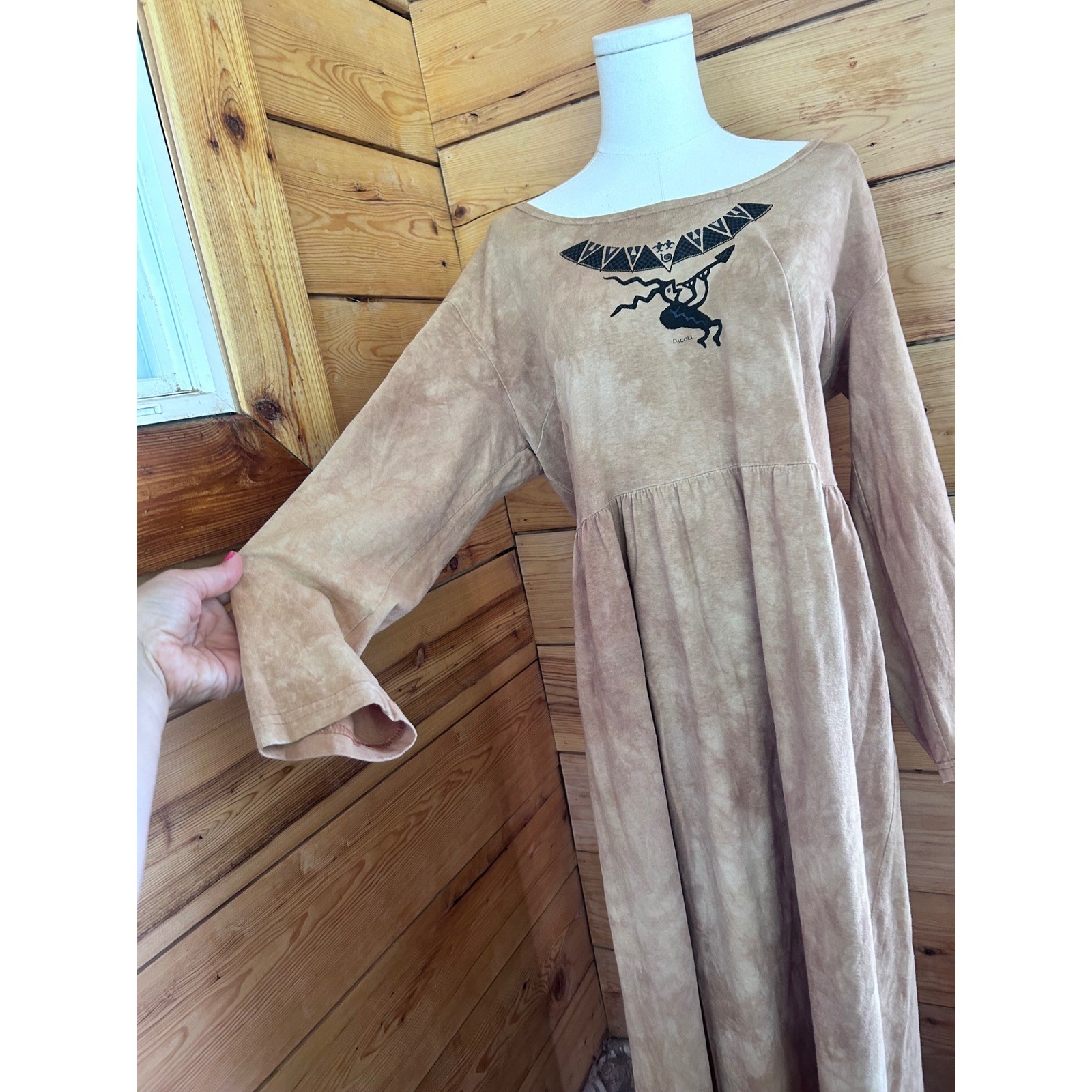 Vintage Cotton Maxi Dress Sz Large Brown Kokopelli Southwestern Dagoli Oversized