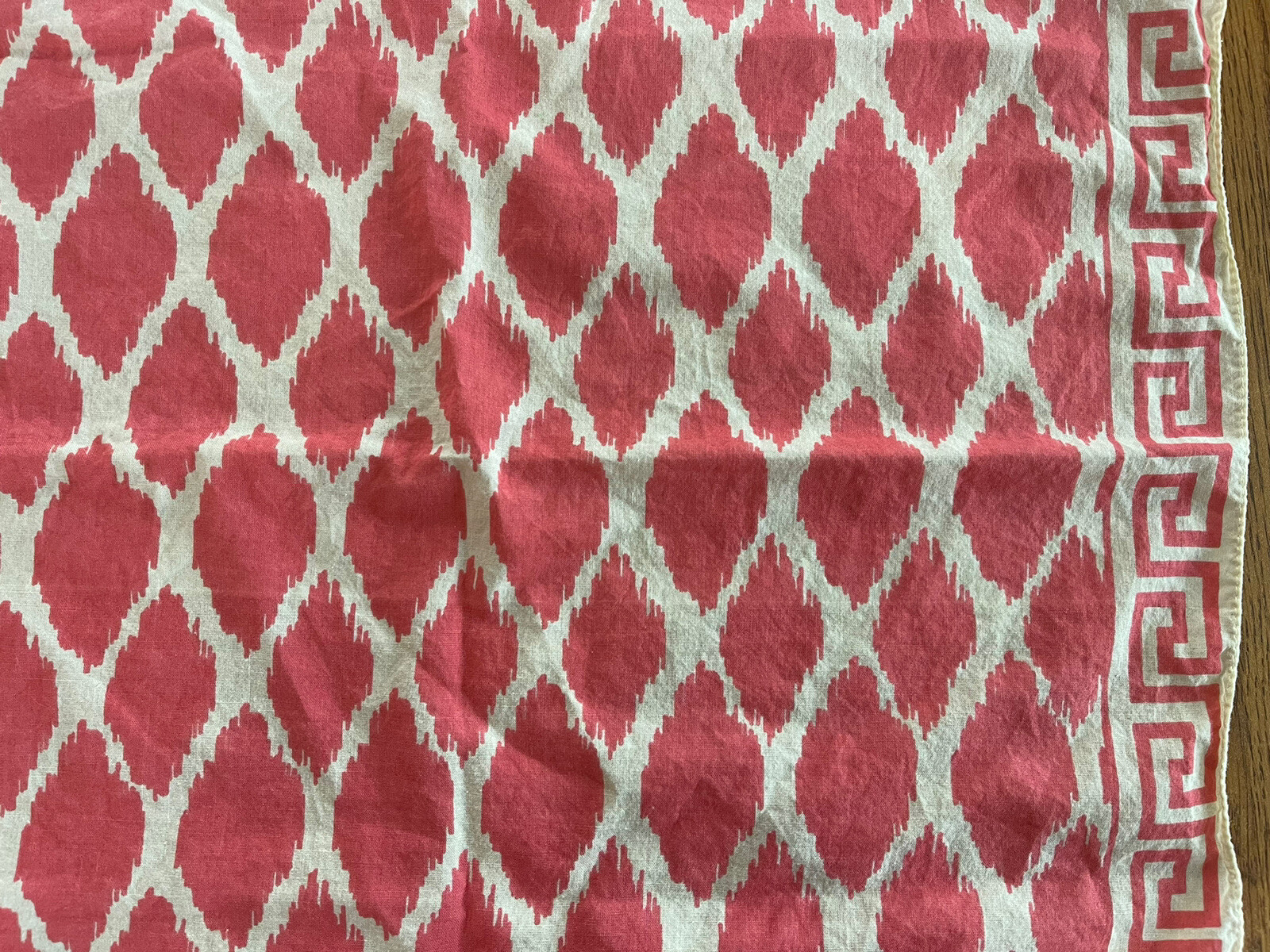 Vintage Coral Pink Cream Bandana Greek Key Diamond Print 19.5”x20.5”