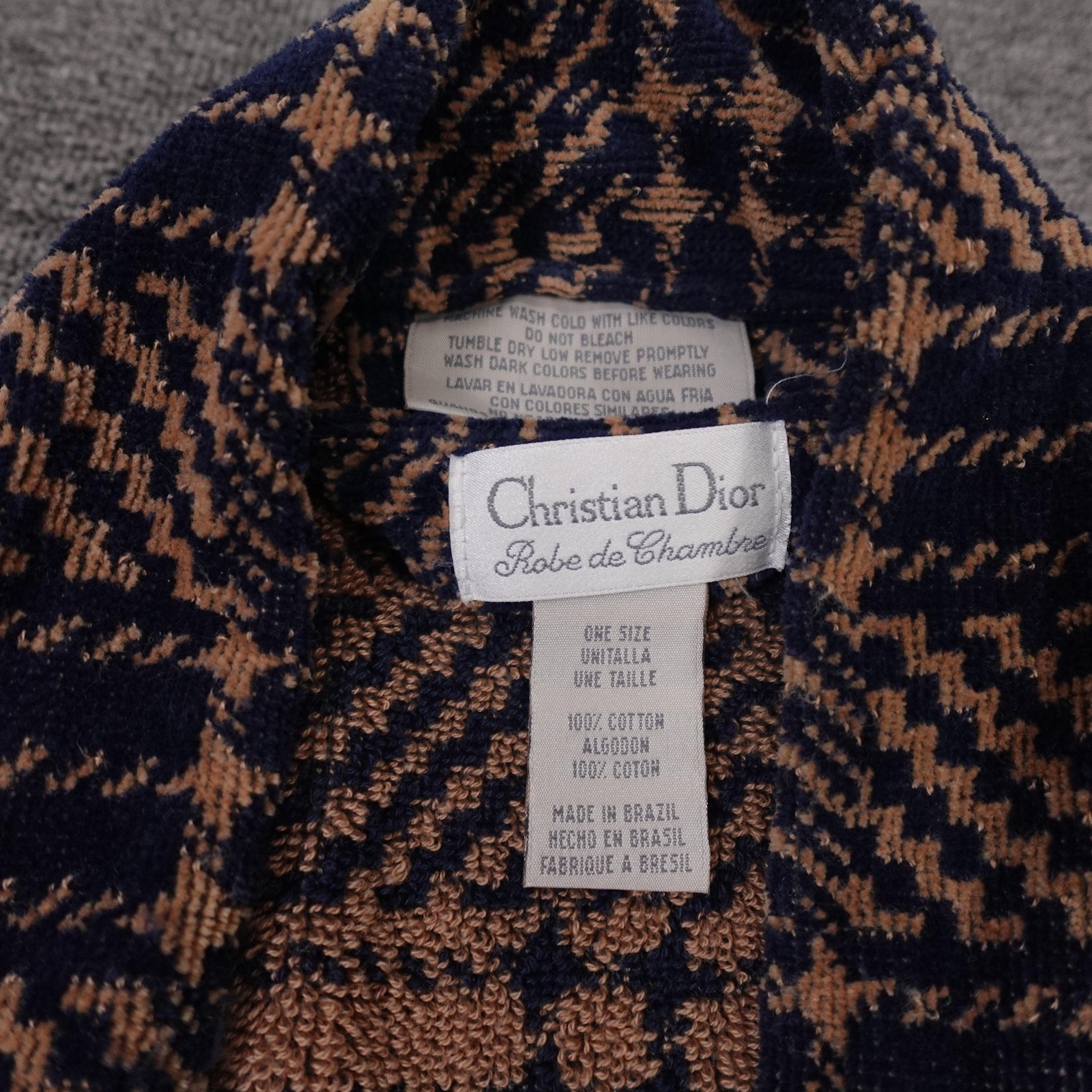 Vintage Christian Dior Robe One Size Blue Brown Terry Kimono Lounge 90s