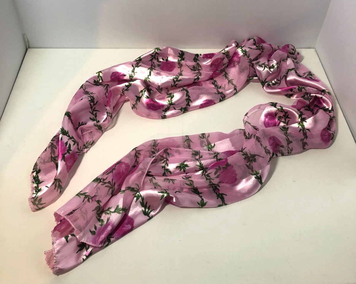 Vintage Pink and Green Scarf, Flower Design, Nylon/Polyester Blend, 57.5″ x 12″