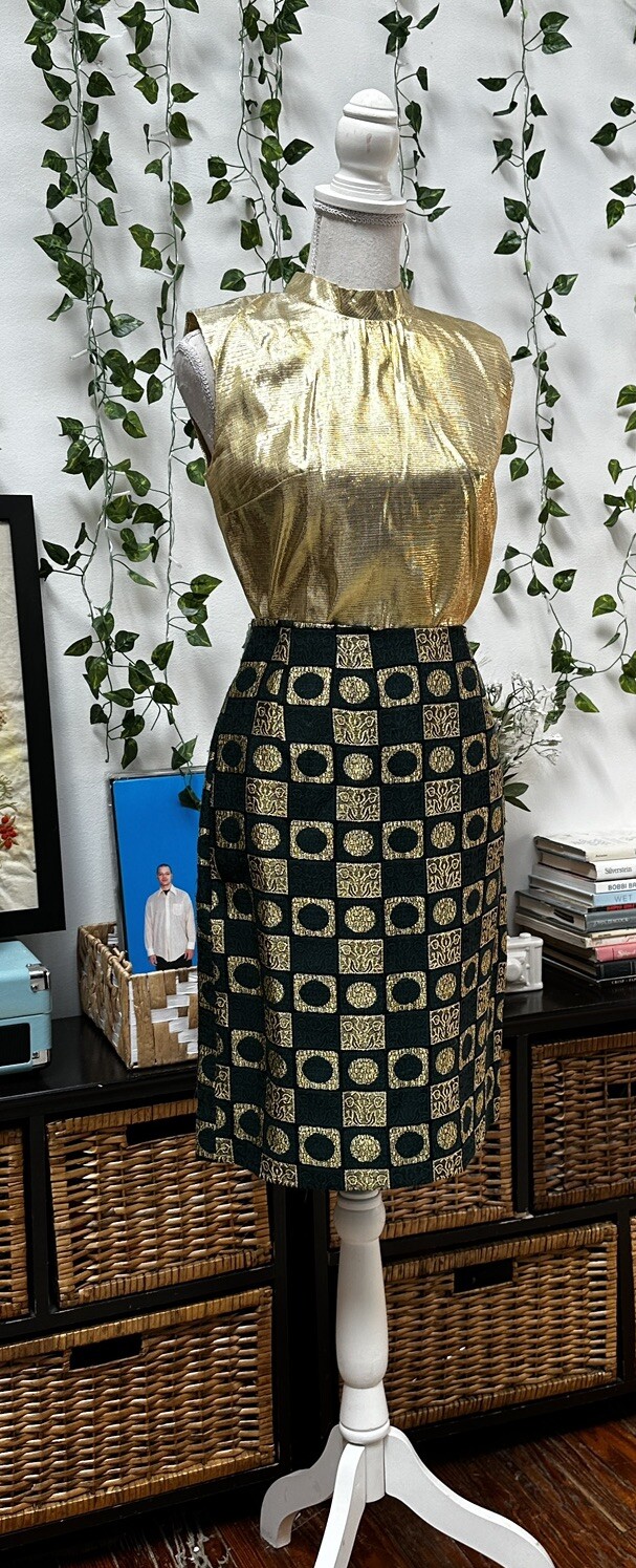 Vintage 60s Mini Dress Skirt Set Green Gold Lame Metallic Mod GoGo 2 pc XS
