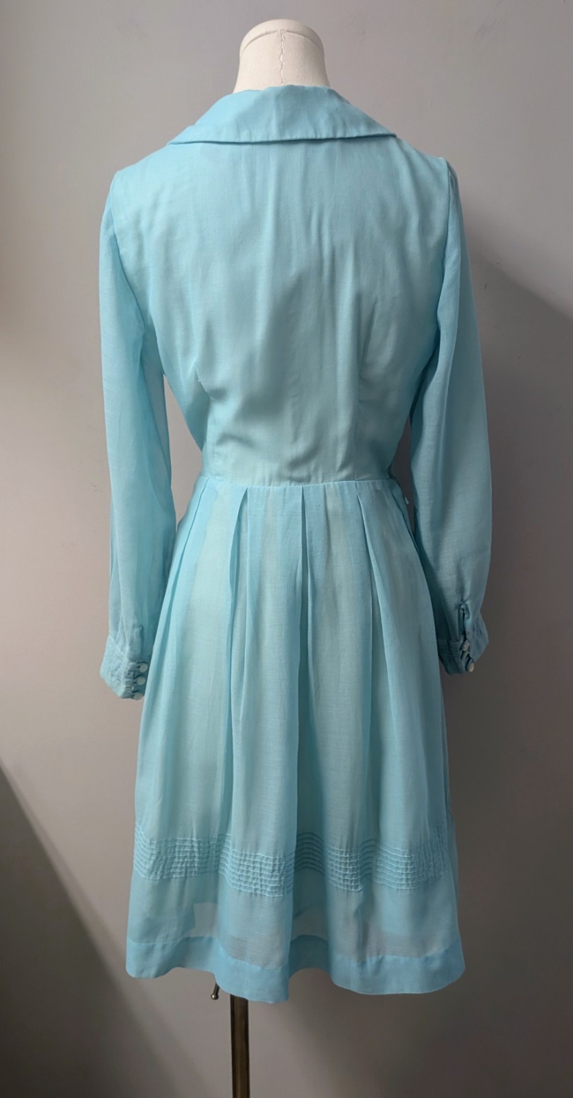 Vintage 60’s Aqua Voile Fit And Flare Dress Sheer Sleeves Pintucks S/M