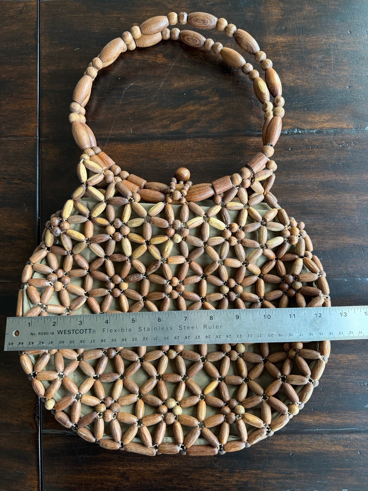 Vintage Wooden Bead Hobo Handbag Retro Boho Beaded Hand Crafted Purse Starburst