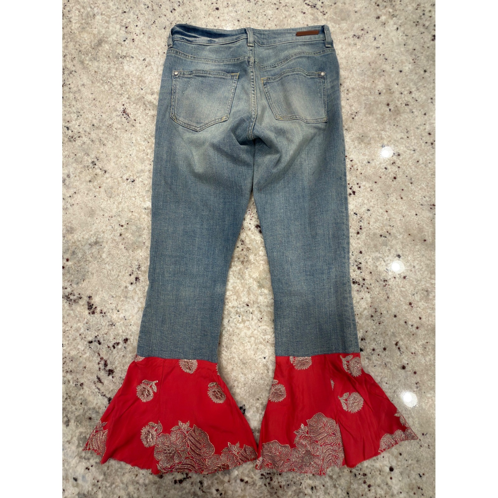 Pilcro Anthropologie Script Jeans Size 26 Flare Red Brocade Hem