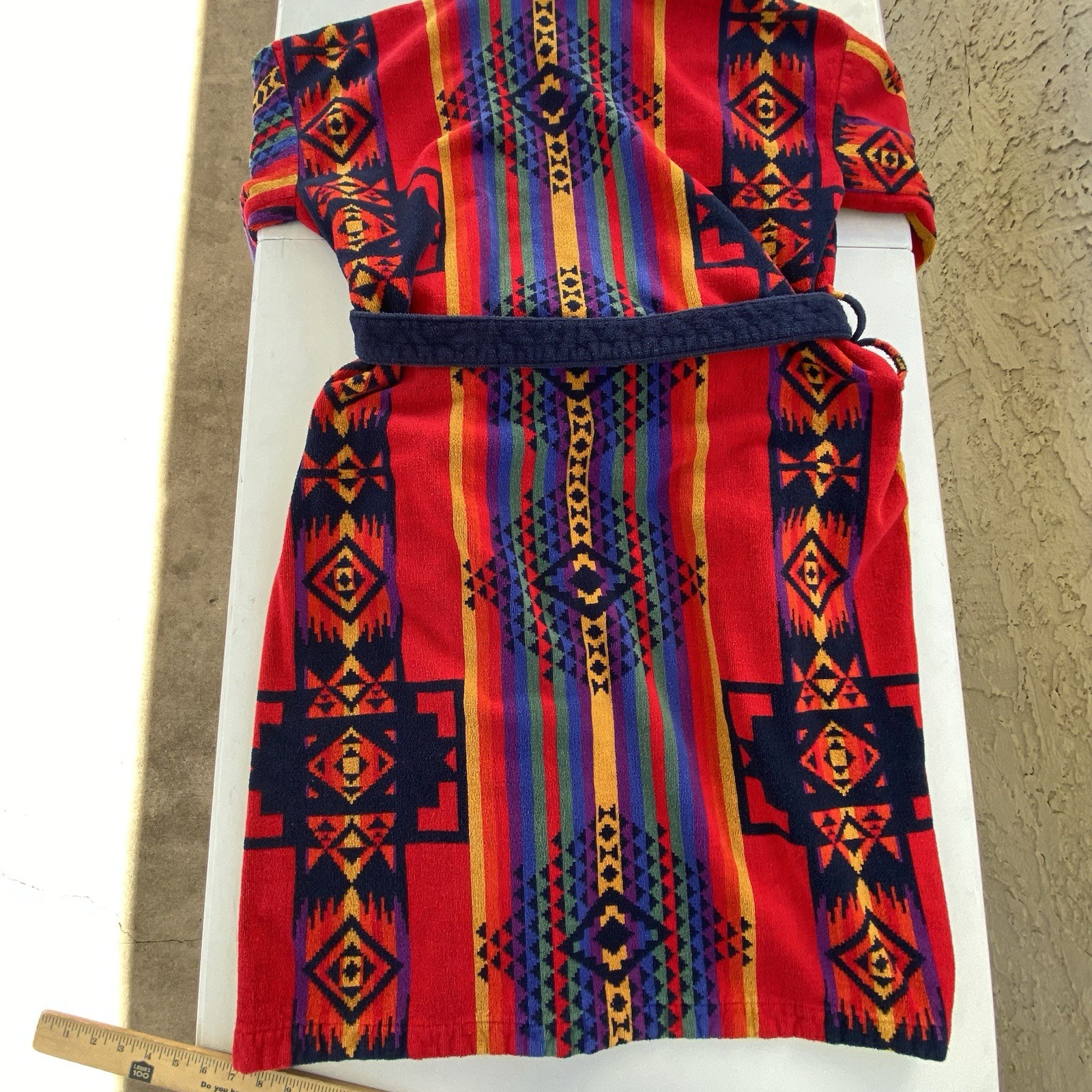 Vintage 80s Blass 100% Cotton Brazil Robe OS Colorful Aztec Southwestern Belted