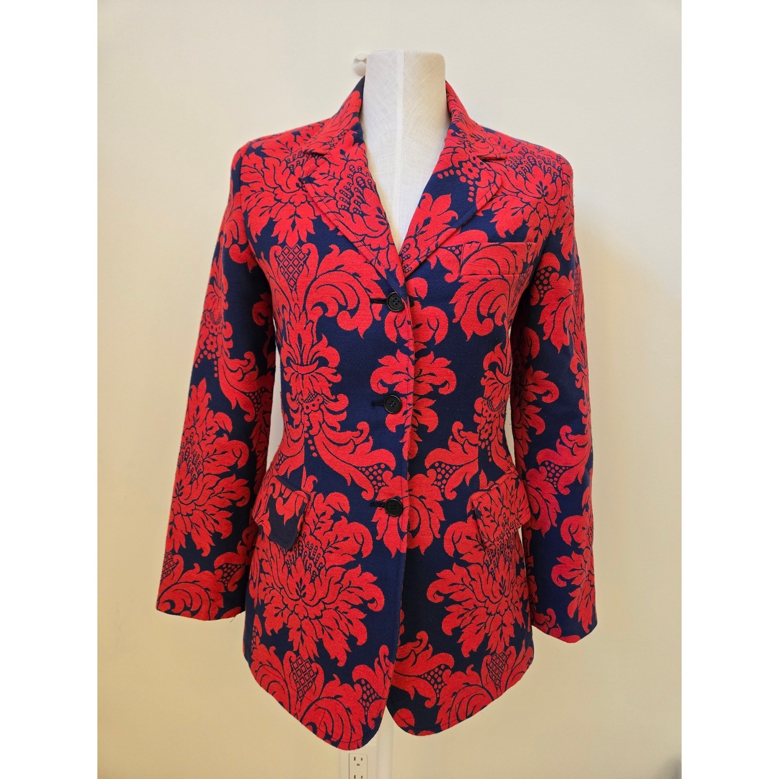 Moschino Jeans Made In Italy Red Blue Damask Print Blazer Jacket Size 8