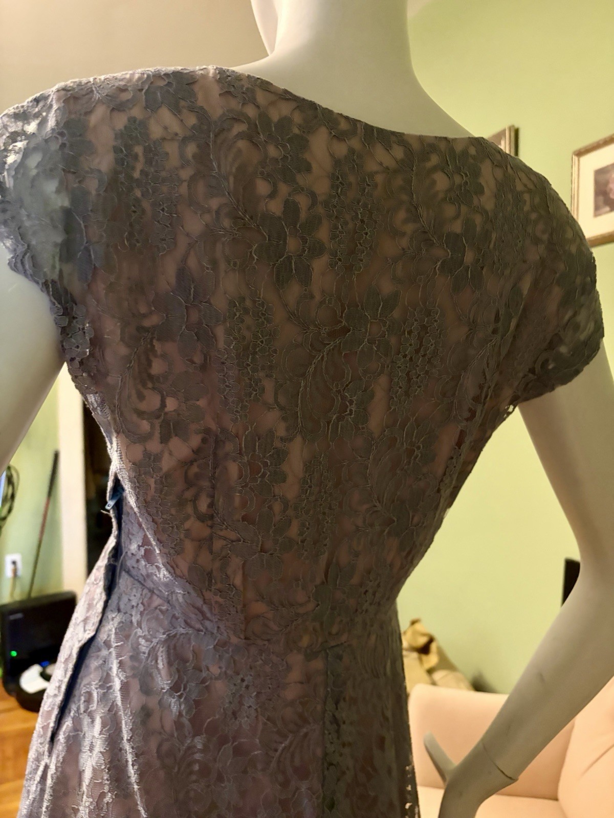 Vtg 1940s 1950s Taffeta Lace Netting Rhinestone Ice Blue Party Dress L XL 42