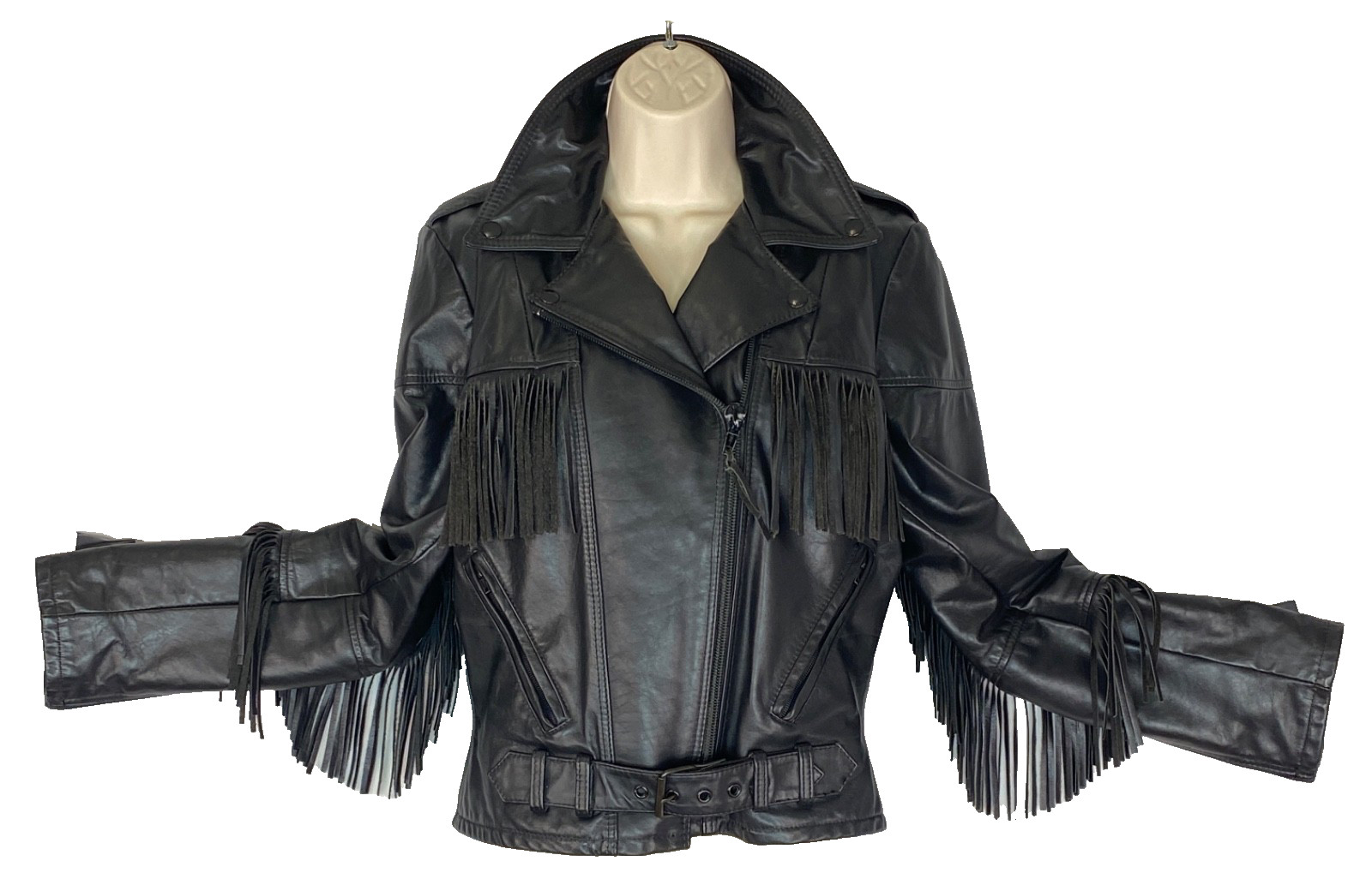 Vintage black leather fringe jacket women’s S M moto rocker biker TAURUS