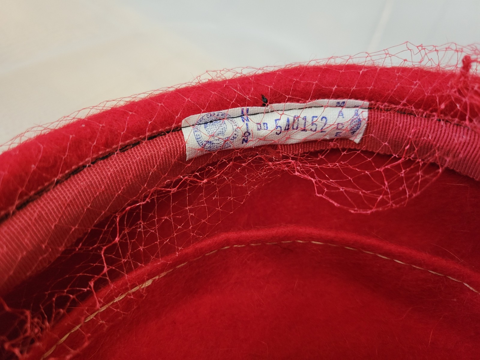 Mid-Century Red 100% Wool Pillbox w/Veil, Neco, Union Made, Measures 21.5″
