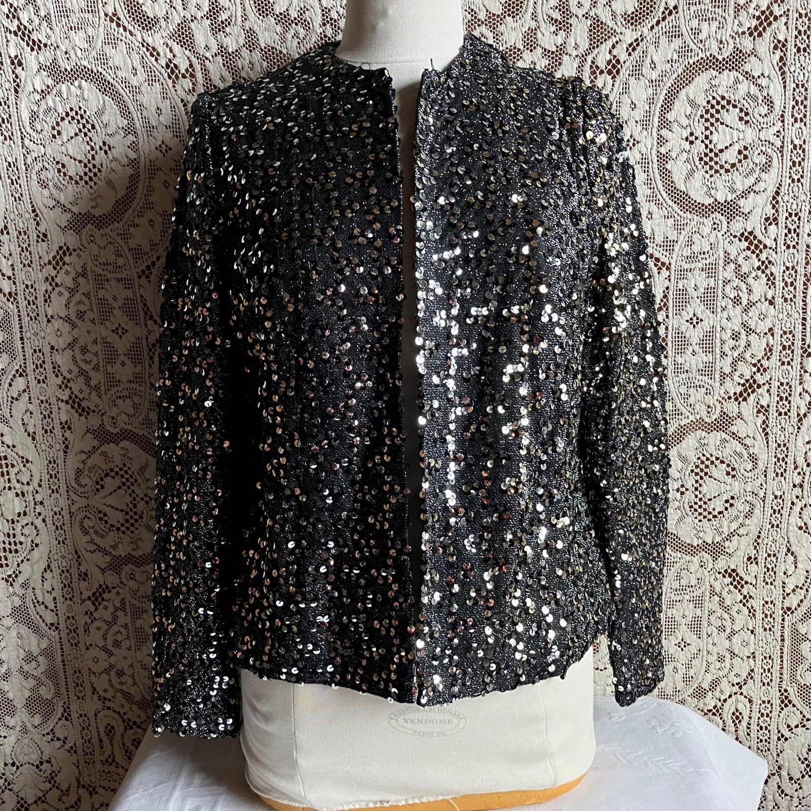 Vintage 1980s Act 2 Black Sequined Open Front Jacket Eveningwear