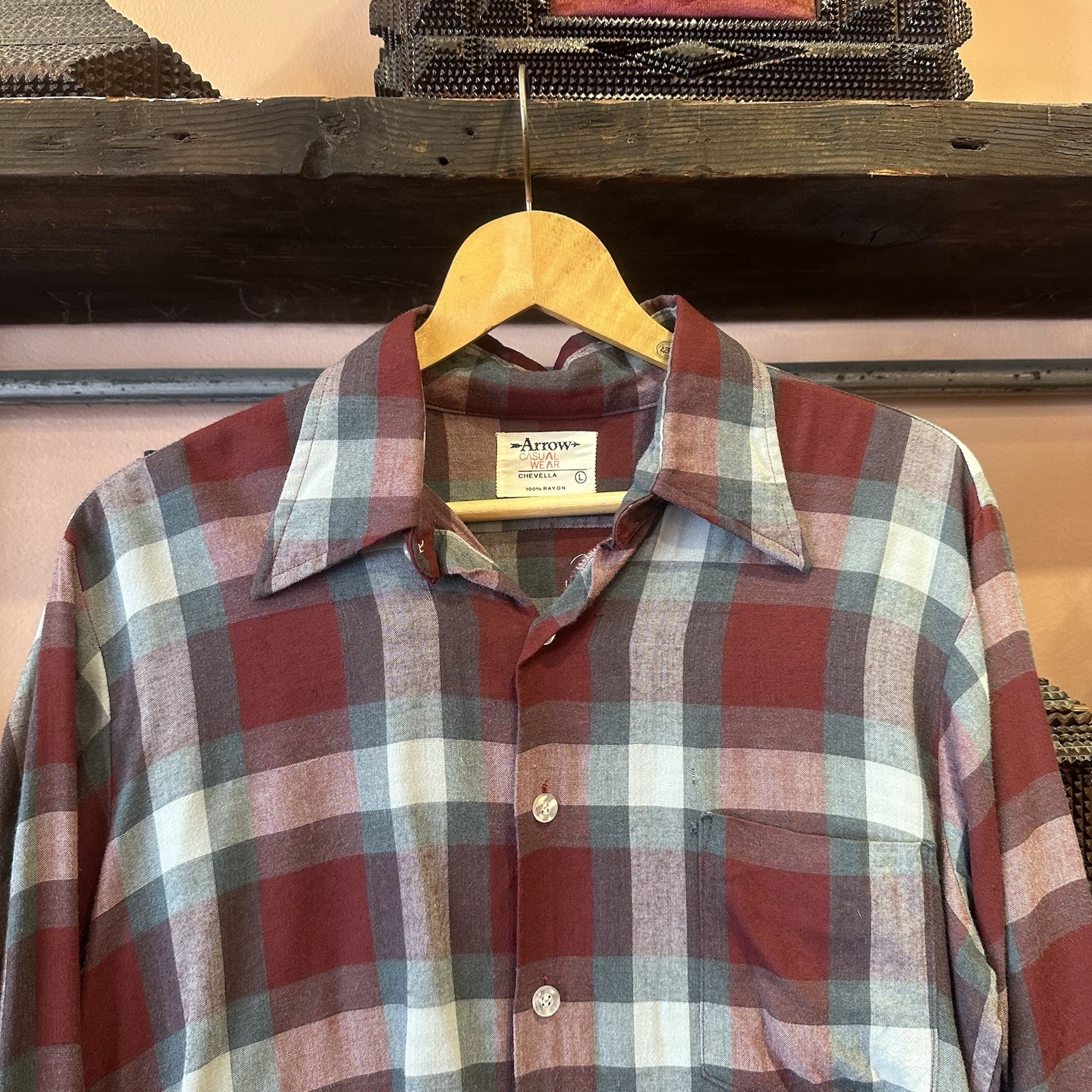 Arrow Chevella Shadow Plaid Rayon Button Up 60s 70s Vintage Shirt Size Large Red