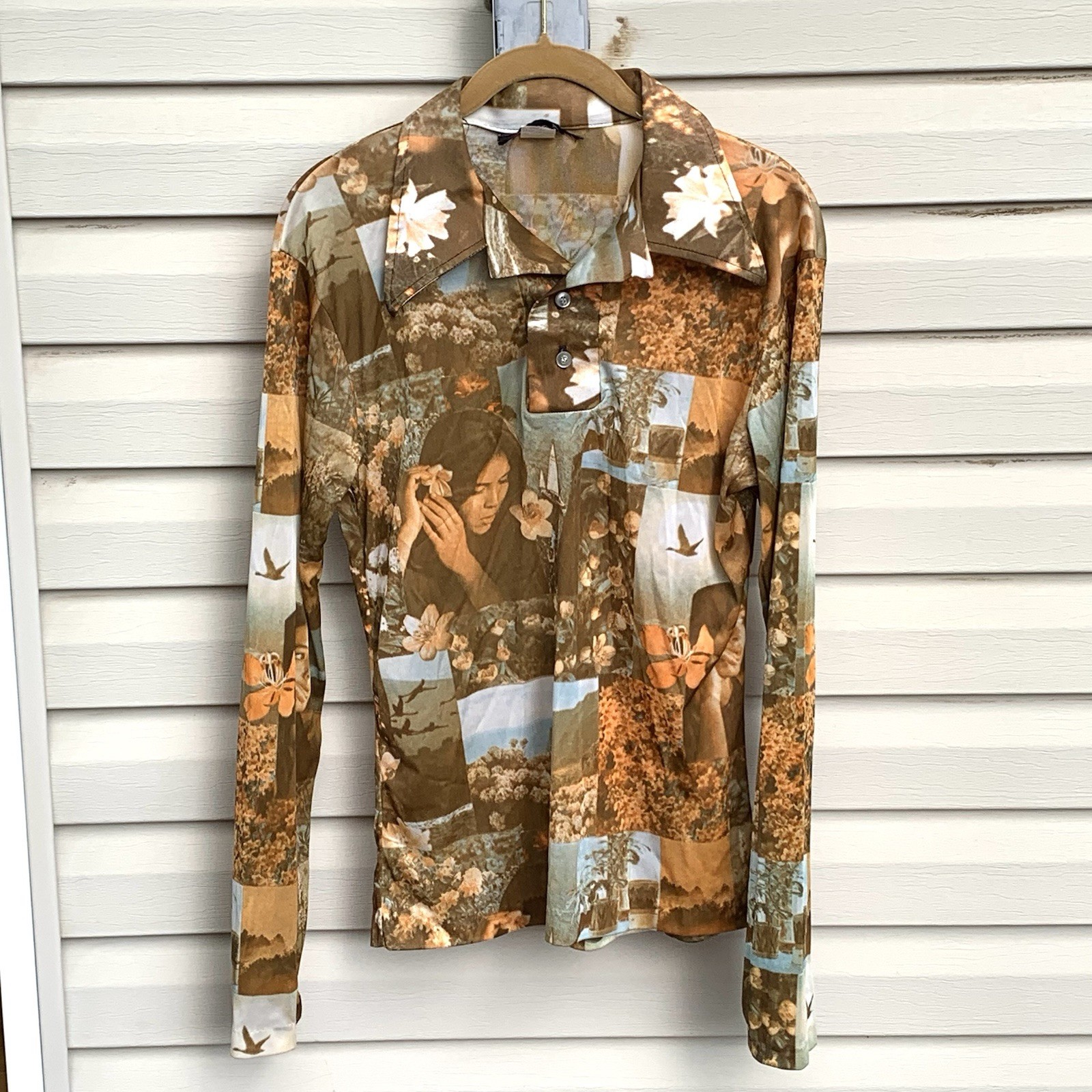 Vtg 70s Hawaiian Themed All-Over Print Shirt Lrg LS 2 Button Disco Acetate/Rayon