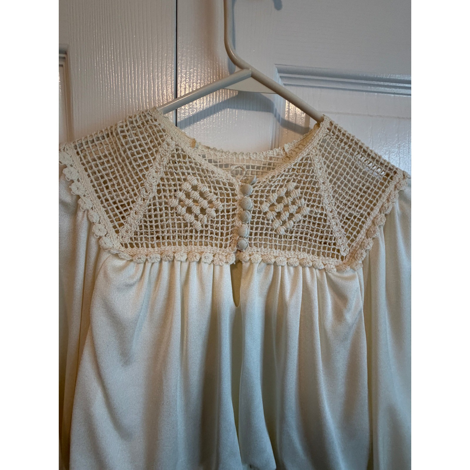 Vintage Crochet Lace Yoke Midi Dress Cream Boho Long Sleeve Elastic Waist 7/8