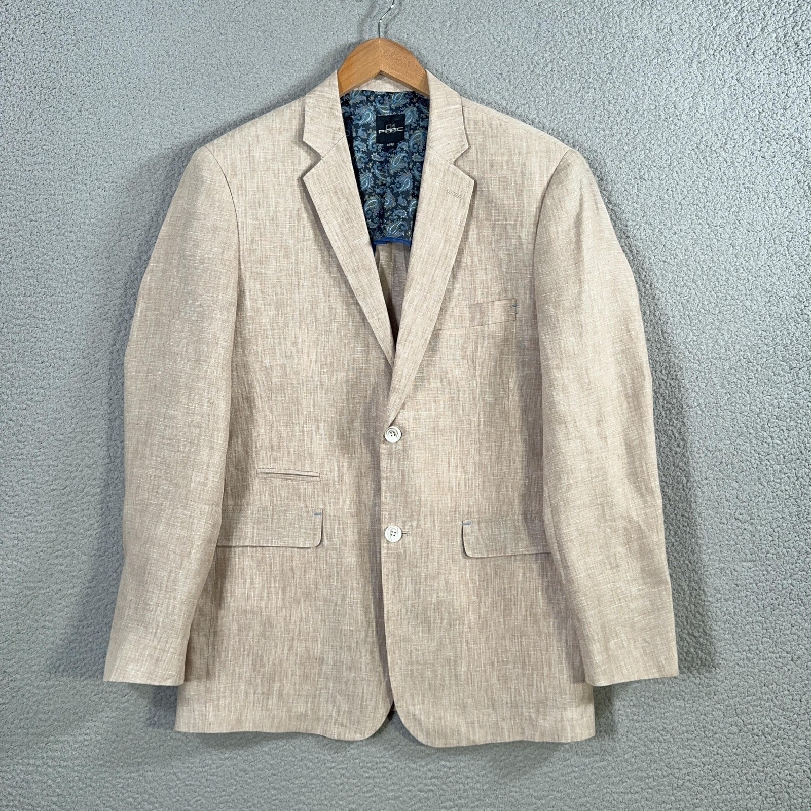 PARC Linen Blazer Mens M / 40 Beige Paisley Lined Two Button Sport Coat Jacket