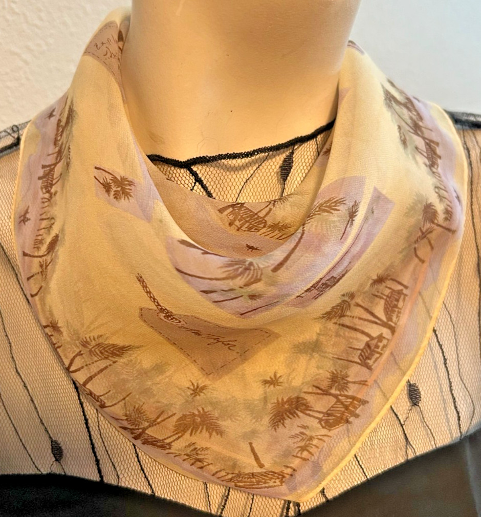 Ann Taylor – Cute Vintage 16.5 In. Square, Aubergine, White Silk Scarf -VS-116