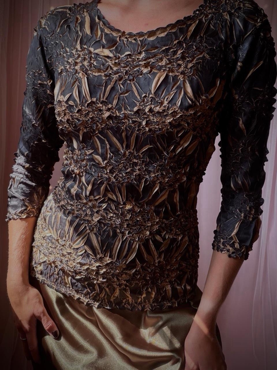 1990s bronze & gold popcorn floral knit top