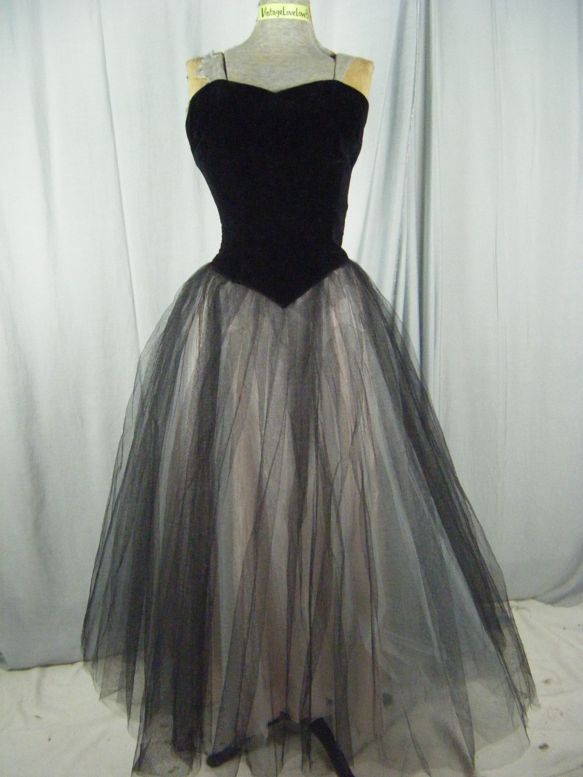 Vtg 50s Black Velvet Strapless Tulle Party Dress-Bust 30/3XS-2XS, AS-IS