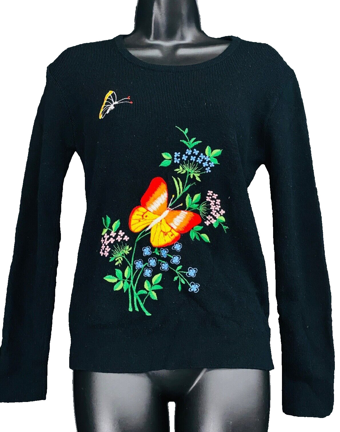 Vintage 1970s black butterfly sweater, novelty print embroidered knit shirt top