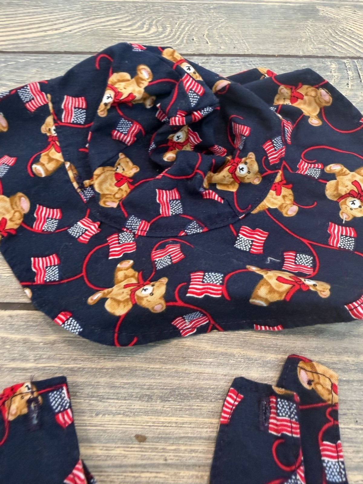 15″ Baby Doll Patriotic Dress & Hat Set Teddy Bear & Flag Print Navy Red White