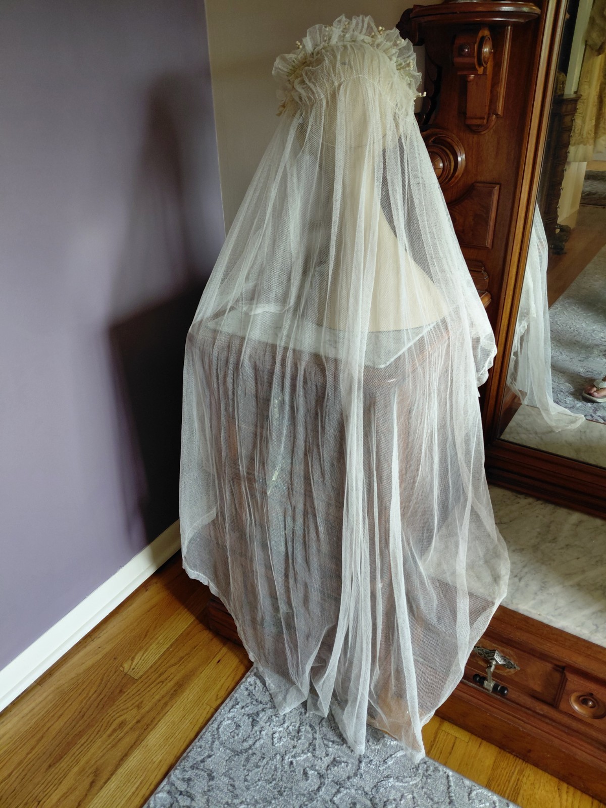 Antique Vintage 1920’s Wedding Bridal Veil Wax Orange Blossom Buds Peach Ribbons