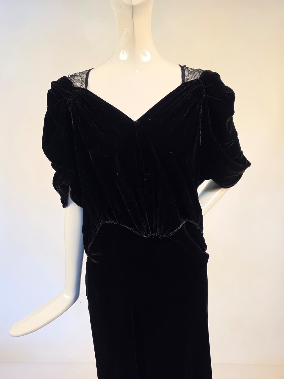 LATE 1930’S SILK VELVET LONG DRESS W LACE BACK – AS ACQUIRED