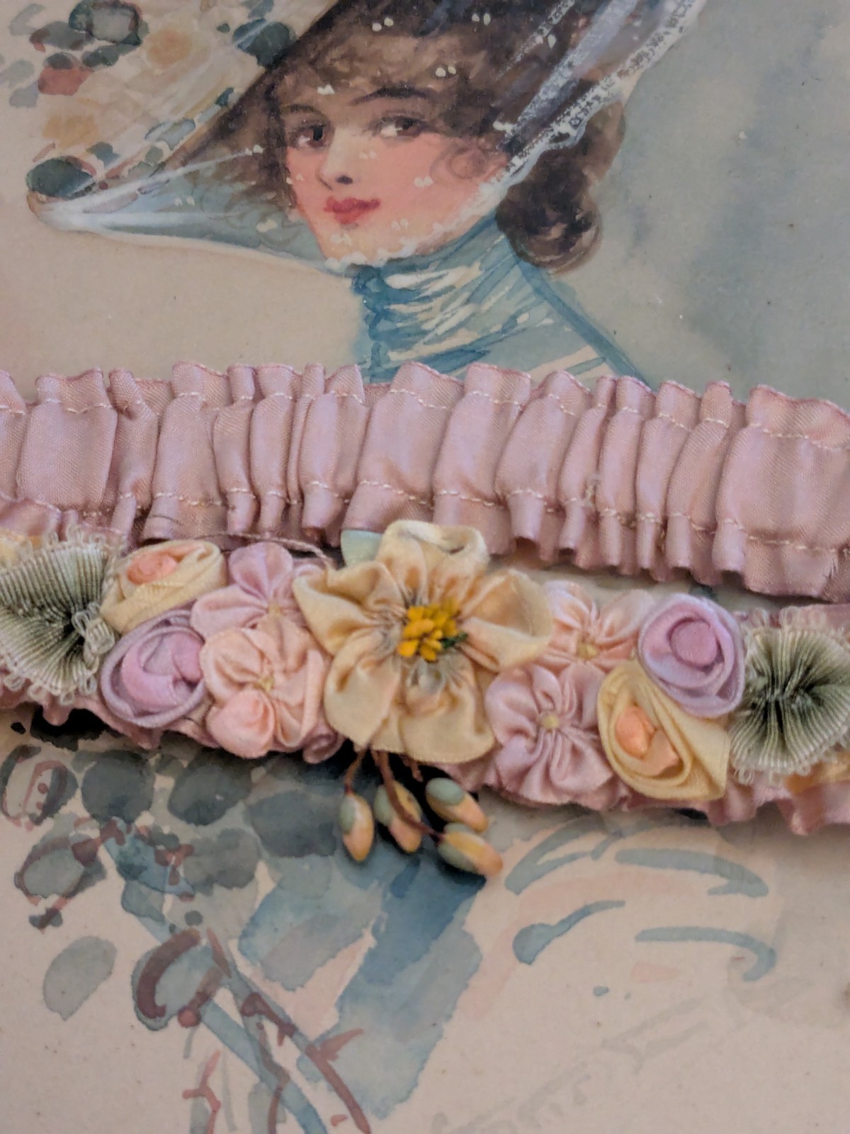Flapper 1920’S Ribbonwork Silk Garter So Many Flowers Lavender And Yellow