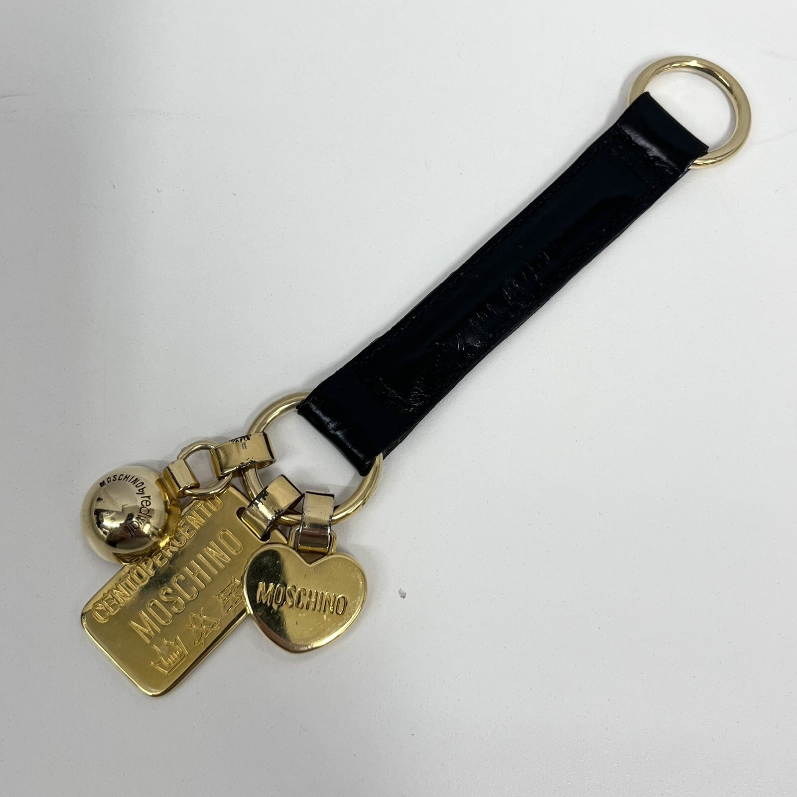 Vintage Moschino Leather Keychain Long Black With 3 Gold Metal Charms