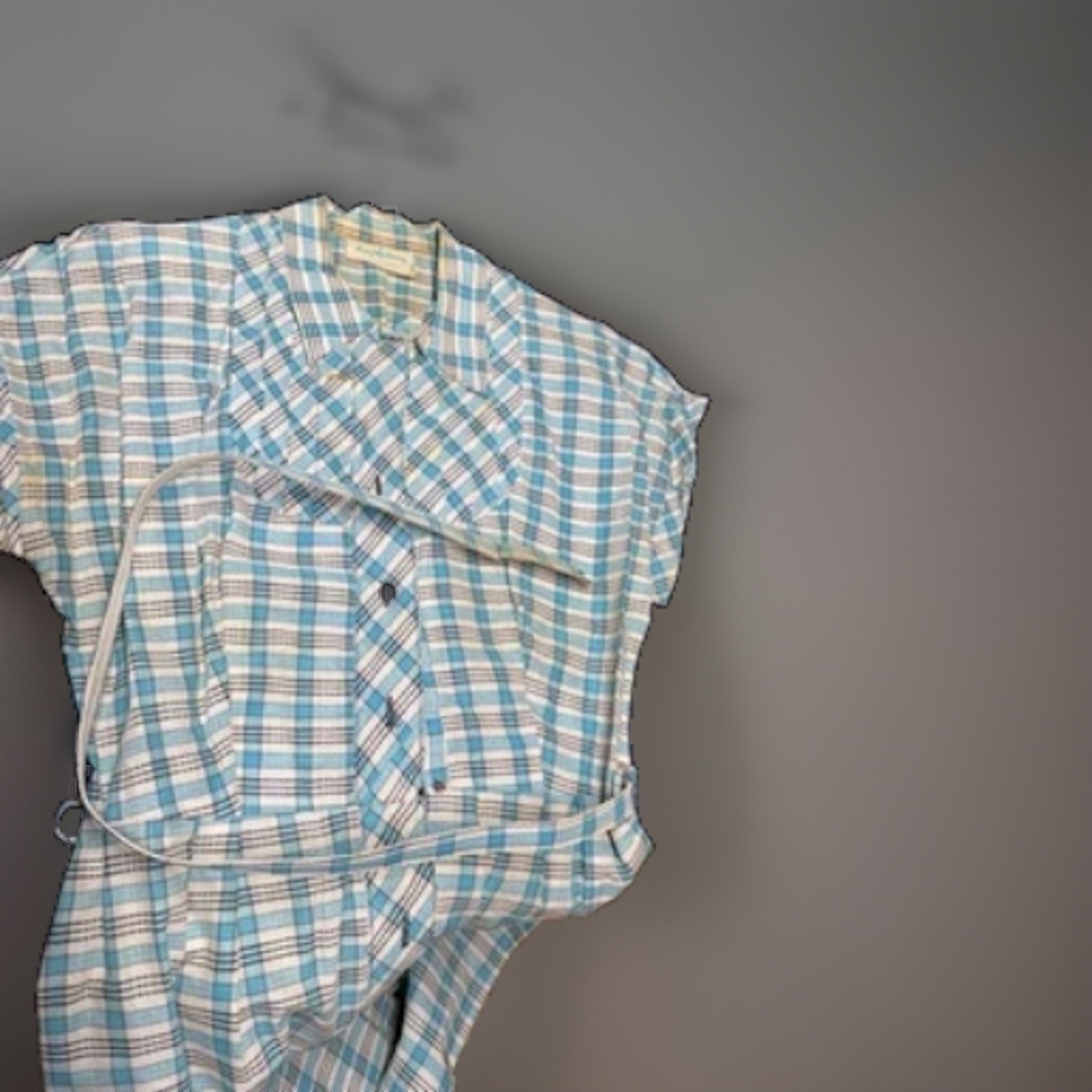 VTG 1950s Kay Whitney Huntington Plaid Shirtwaist Dress Blue White W/ Belt AS IS