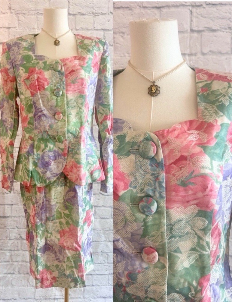 Vintage 80s Leslie Fay Skirt Set 2 Piece Deadstock Pastel Floral Suit Coquette