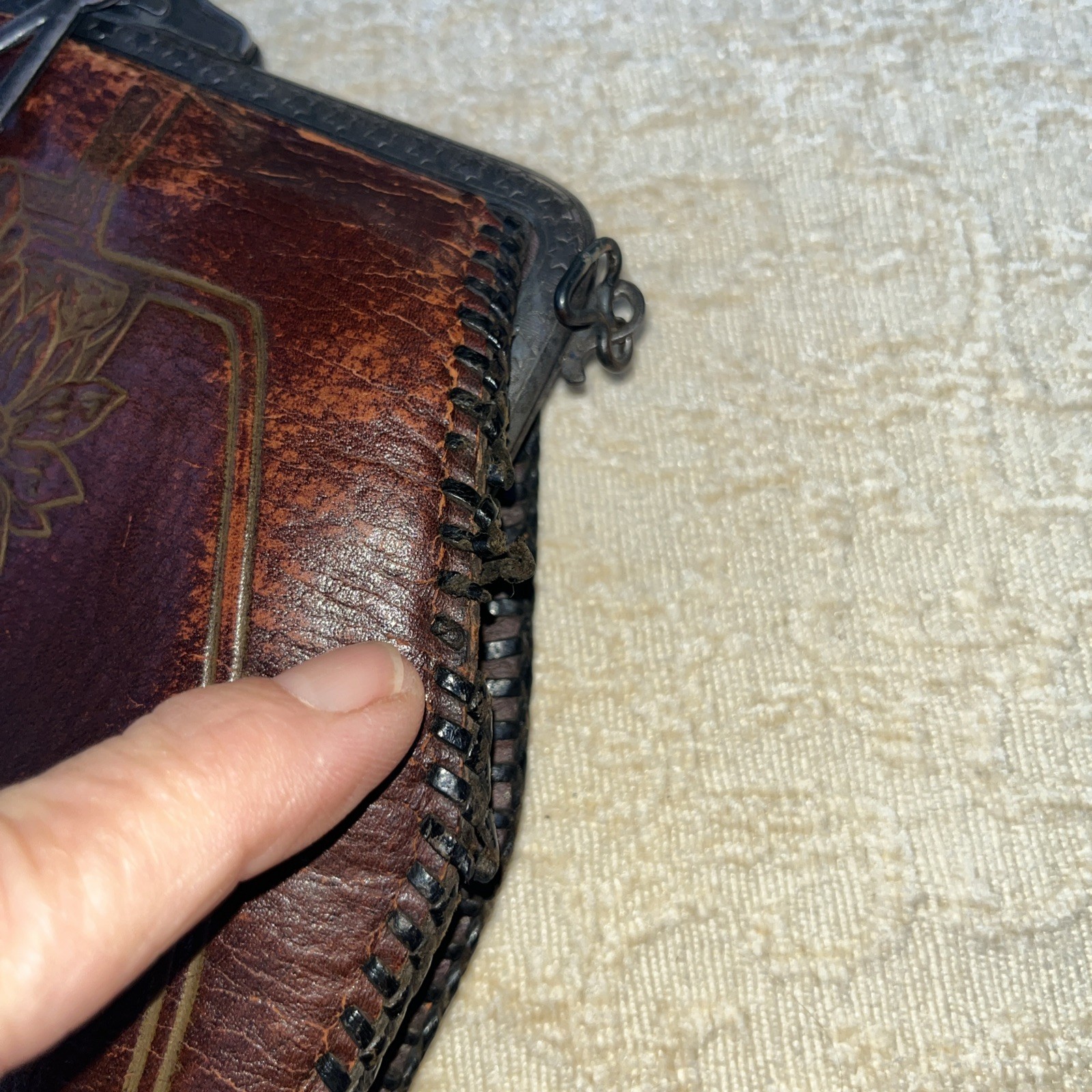 Vintage Tooled LEATHER BROWN Purse Embossed Nice Patina Nouveau Strap See Pics